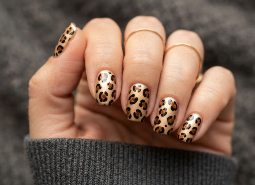 In this image, a close-up of squoval animal nails with a bold black spot classic leopard print, paired with a charcoal grey shirt.