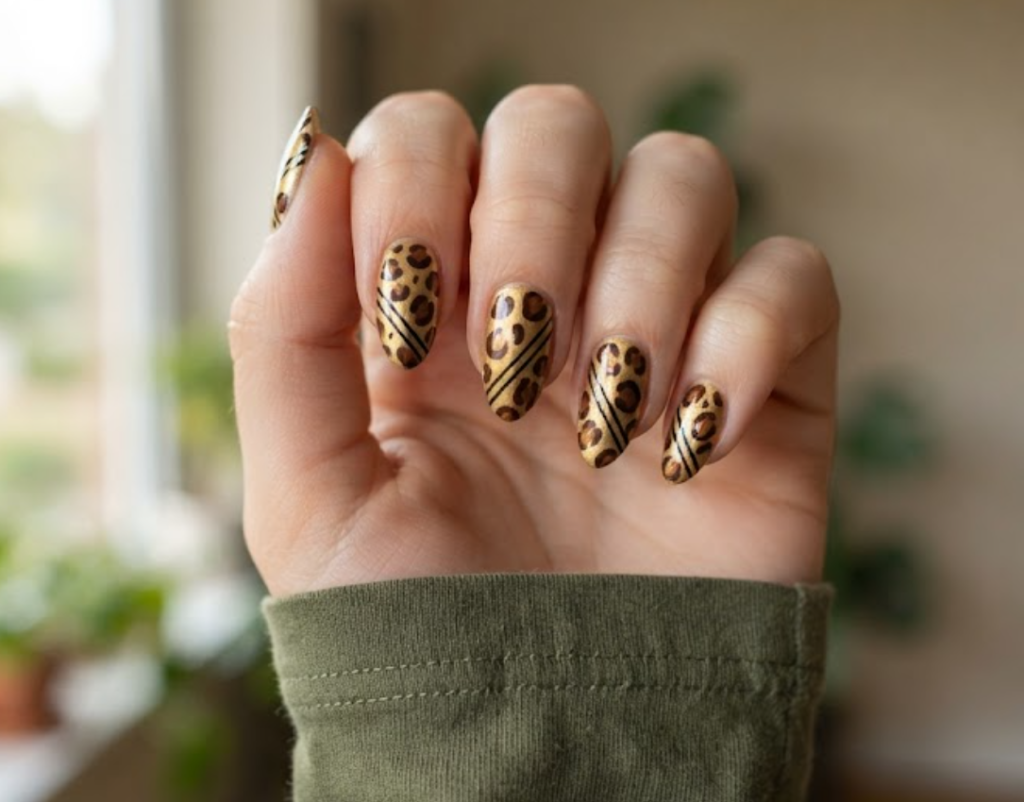 In this image, a close-up of almond animal nails with a dark brown and gold sharp line jaguar print, worn with an olive green shirt.