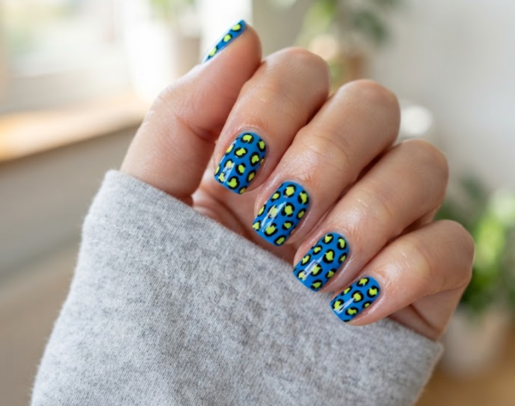 In this image, a close-up of short square animal nails featuring electric blue and neon yellow cheetah spots, paired with a light grey shirt.