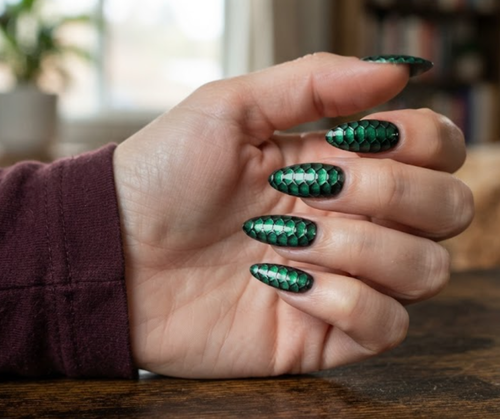 In this image, a close-up of long almond animal nails showing a realistic emerald green snake skin scale texture, with a burgundy shirt visible.