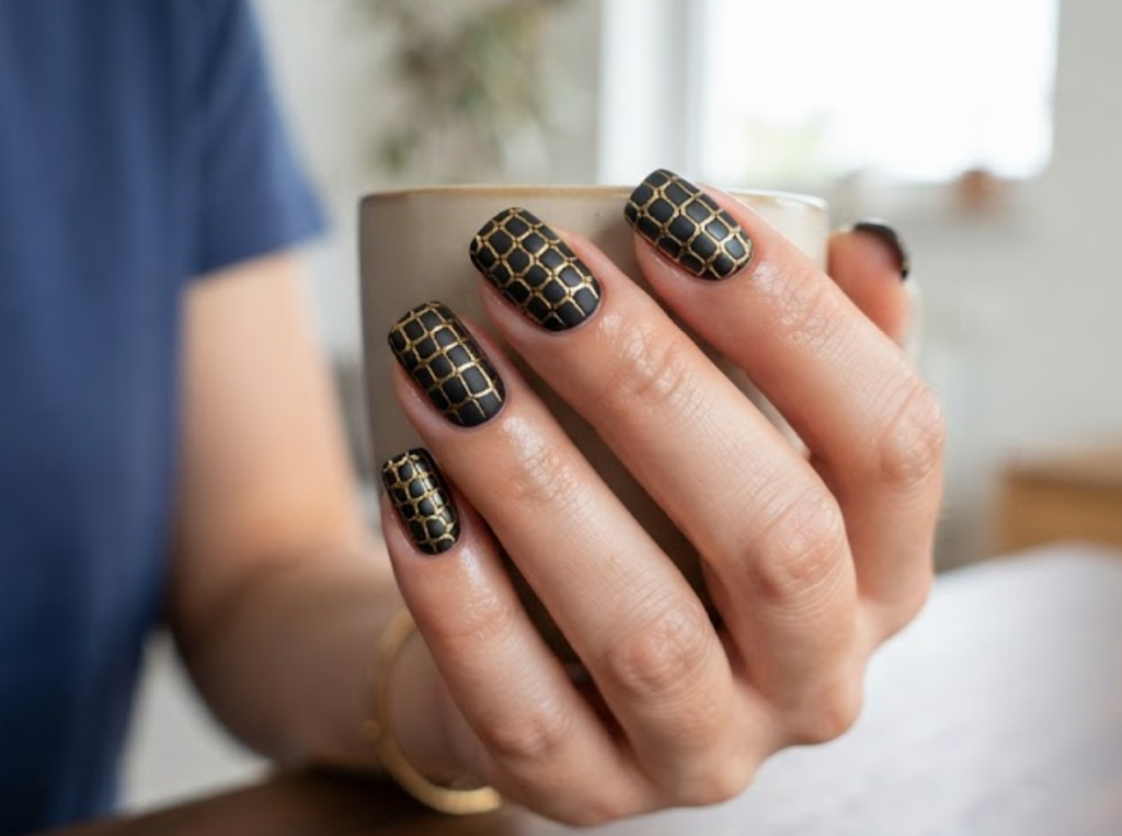 In this image, a close-up of squoval animal nails featuring a fierce matte black and gold crocodile skin texture, paired with a navy shirt.