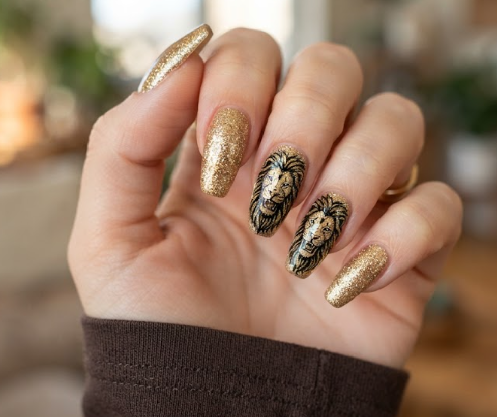 In this image, a close-up of coffin animal nails with gold glitter bases and majestic lion face art, worn with a dark brown shirt.