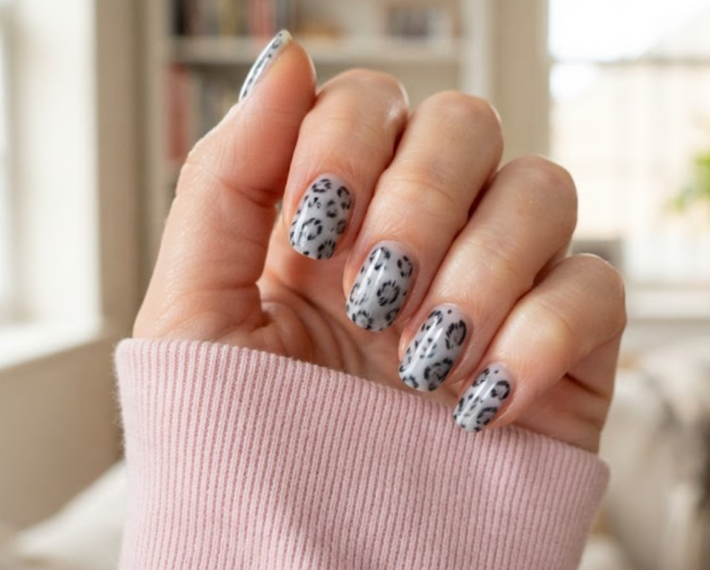 In this image, a close-up of rounded-square animal nails showing white and grey snow leopard dark spots, paired with a pastel pink shirt.