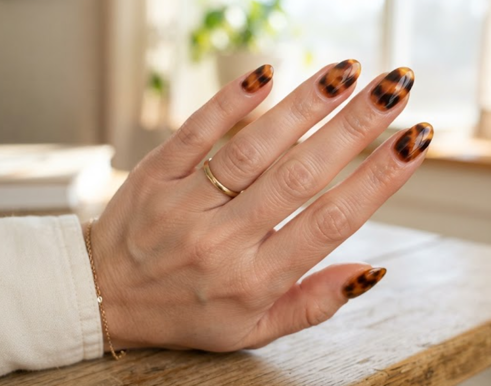 In this image, a close-up of oval animal nails with classic amber and dark brown translucent tortoiseshell patterns, paired with a cream shirt.