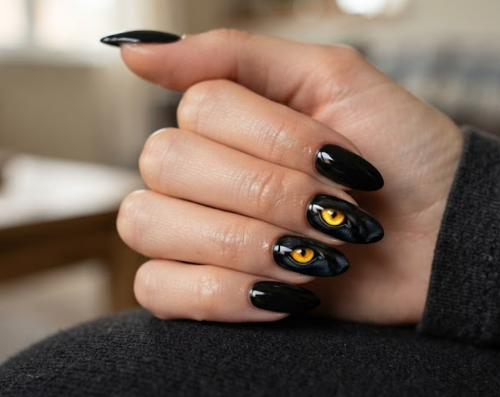 In this image, a close-up of almond animal nails displaying a jet black glossy finish with one glowing panther eye accent, worn with a charcoal grey shirt.