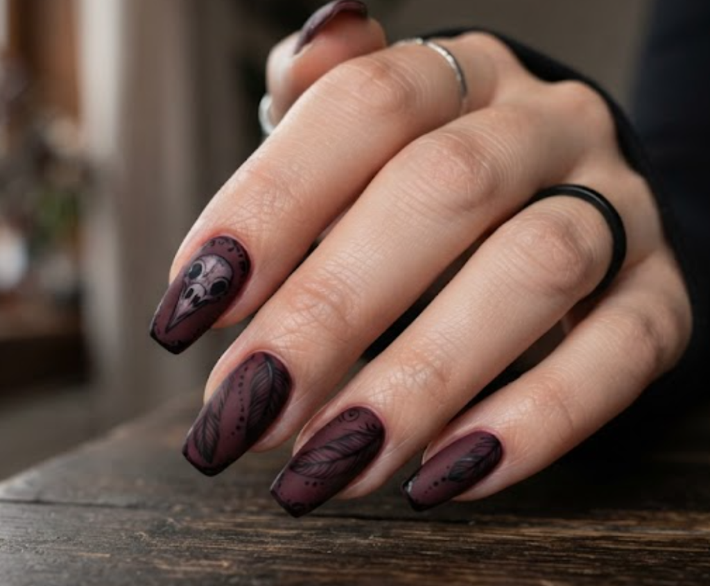 In this image, a close-up of coffin animal nails featuring dark burgundy gothic vulture feather motifs, worn with a black shirt.
