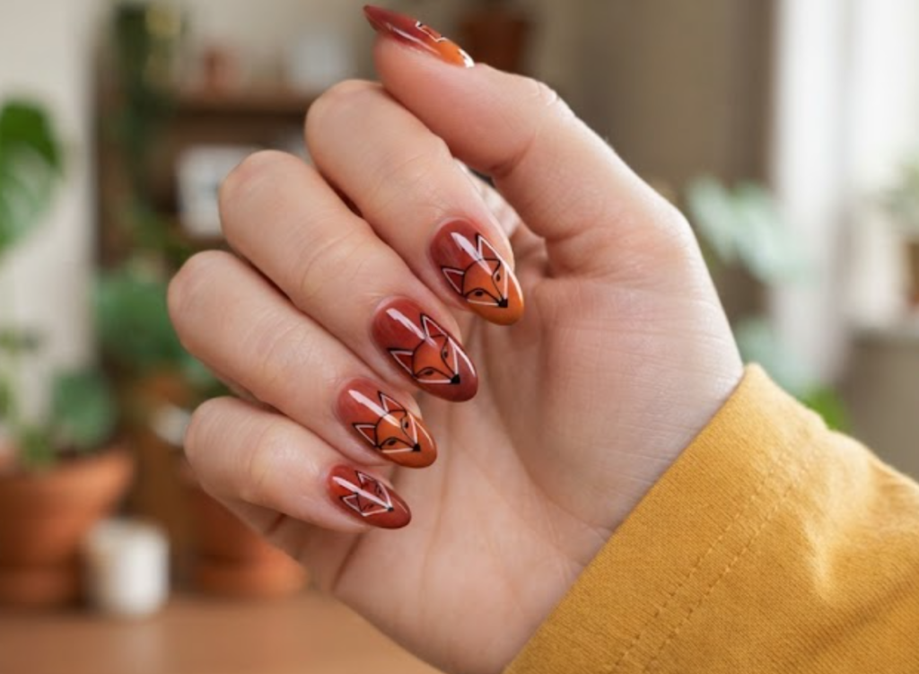 In this image, a close-up of almond animal nails showing deep red and burnt orange abstract fox faces, paired with a mustard shirt.