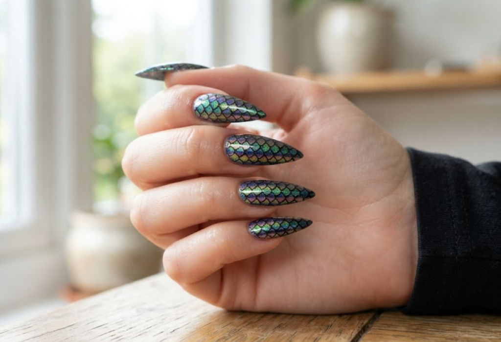 In this image, a close-up of long stiletto animal nails displaying metallic emerald and purple holographic dragon scales, paired with a black shirt.