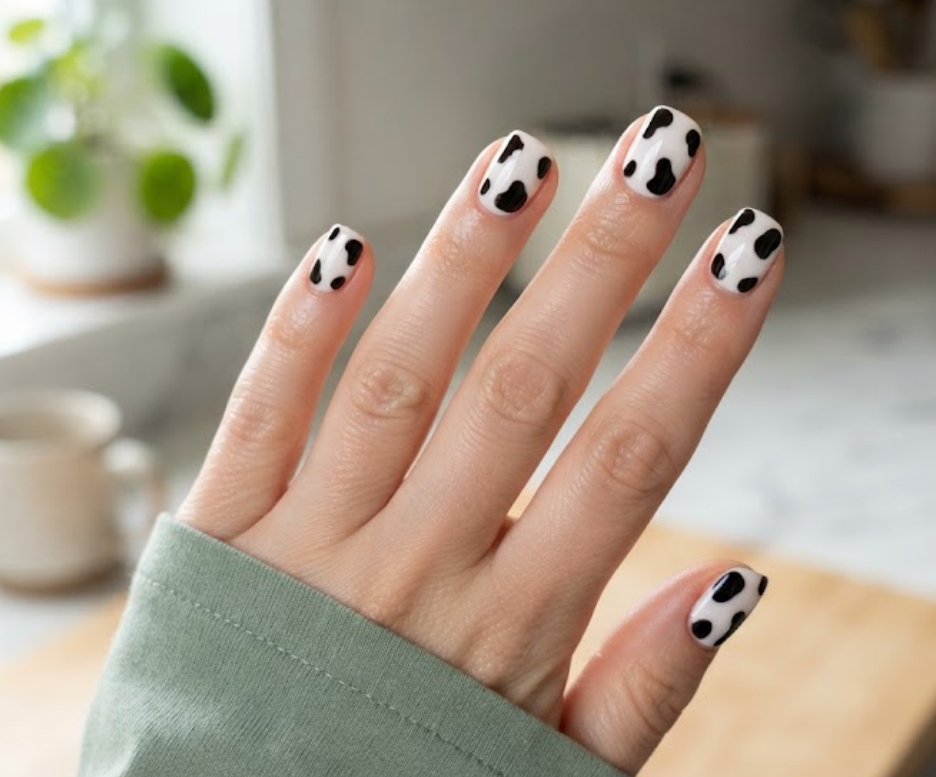 In this image, a close-up of rounded-square animal nails showing a classic white and asymmetric black cow print pattern, paired with a sage green shirt.