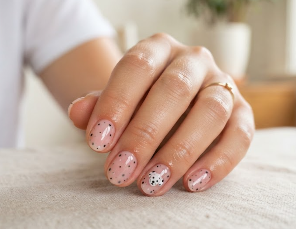 In this image, a close-up of short oval animal nails with a sheer pink base and minimalist chic dalmatian spots, worn with a white shirt.