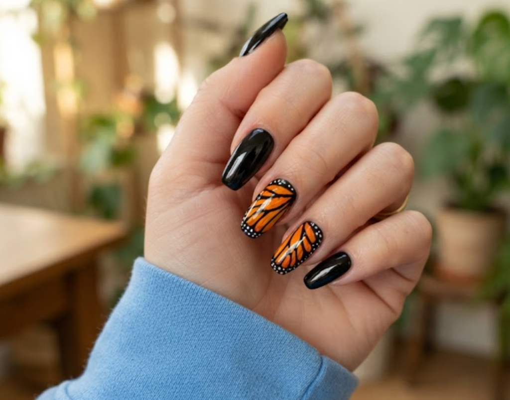 In this image, a close-up of coffin animal nails featuring vibrant monarch butterfly wing accents, paired with a sky blue shirt.