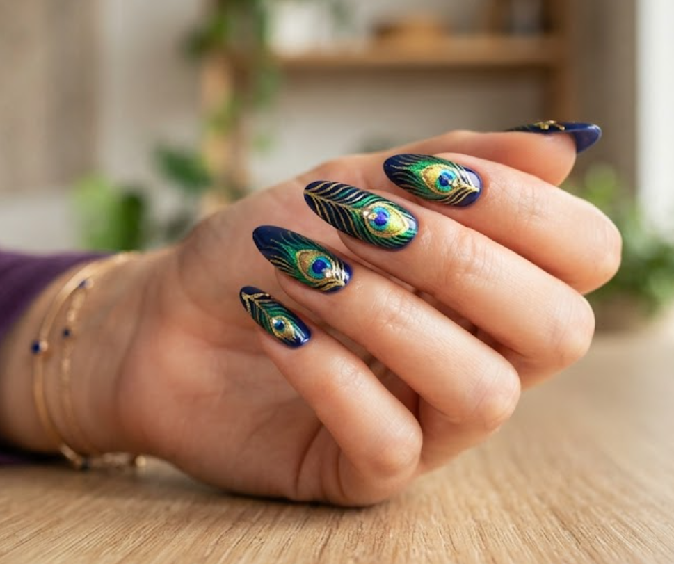 In this image, a close-up of long almond animal nails displaying deep blue and emerald green peacock feather art, worn with a deep purple shirt.