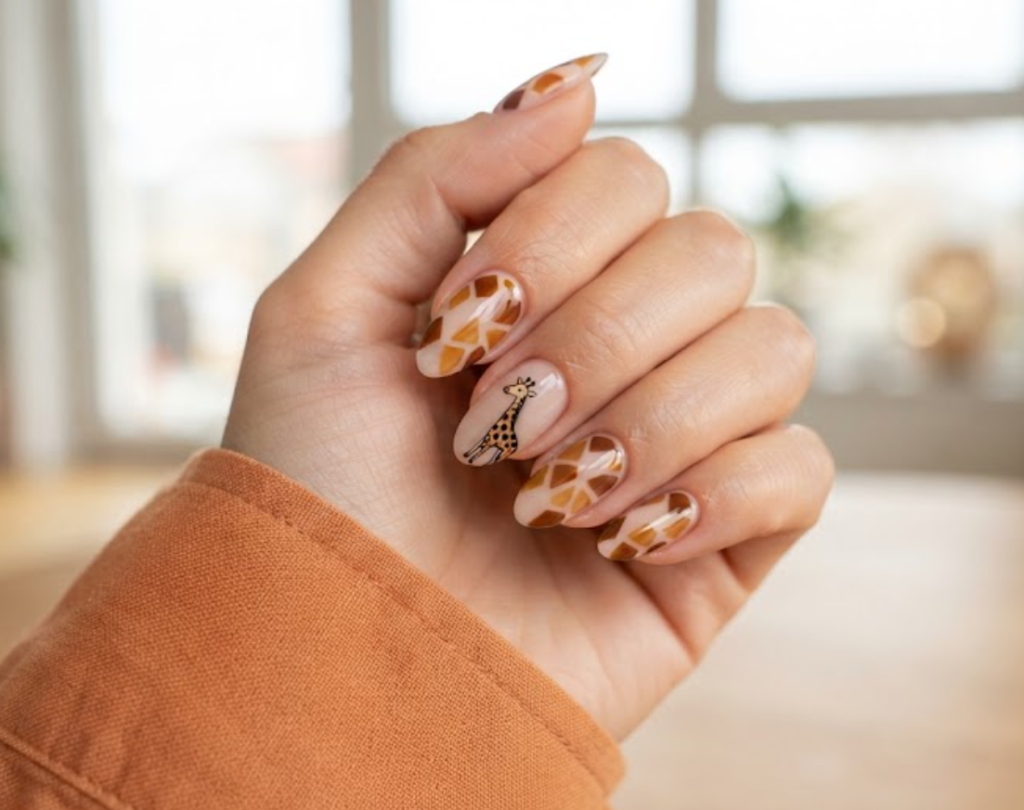 In this image, a close-up of almond animal nails with sheer nude bases and modern geometric brown giraffe patches, worn with a terracotta shirt.