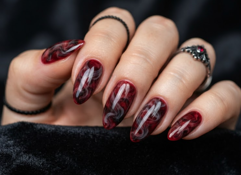 In this photo, smoky blood red swirls create a mysterious manicure with a dark gothic vibe.