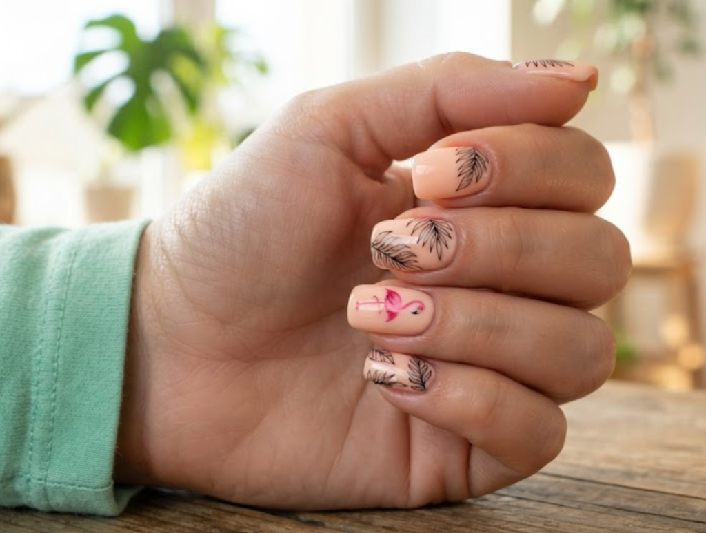 In this image, a close-up of squoval animal nails showing tropical pink flamingo and minimalist palm leaf outlines, paired with a mint green shirt.