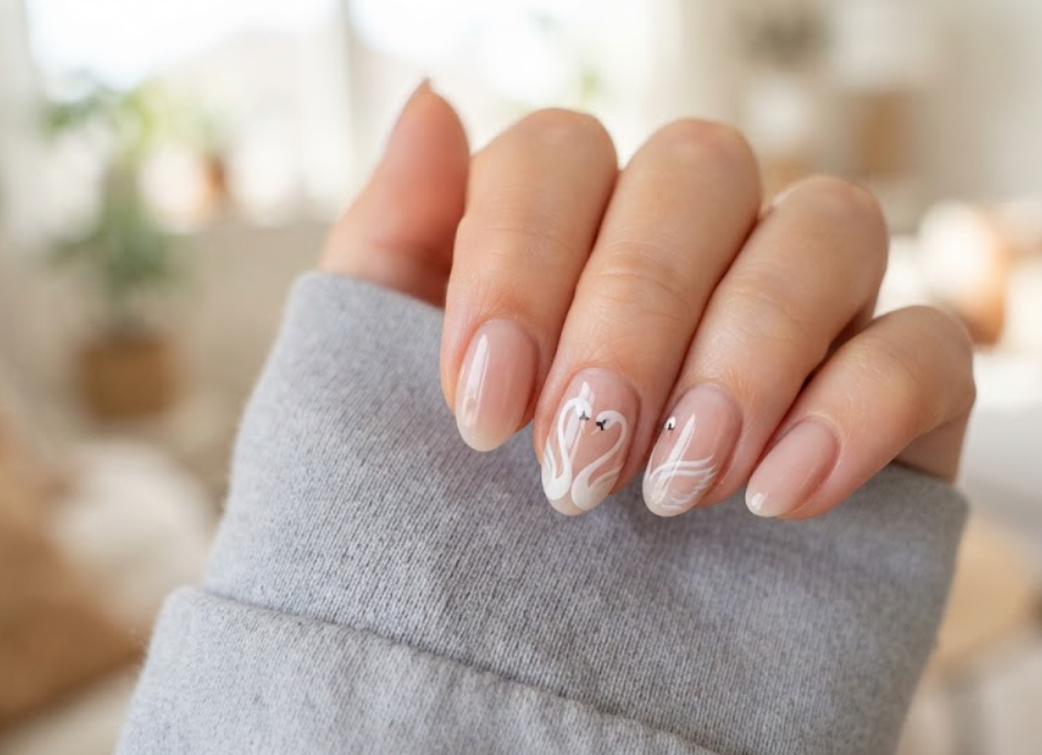 In this image, a close-up of oval animal nails with elegant white heart swan art on sheer nude bases, worn with a pale grey shirt.