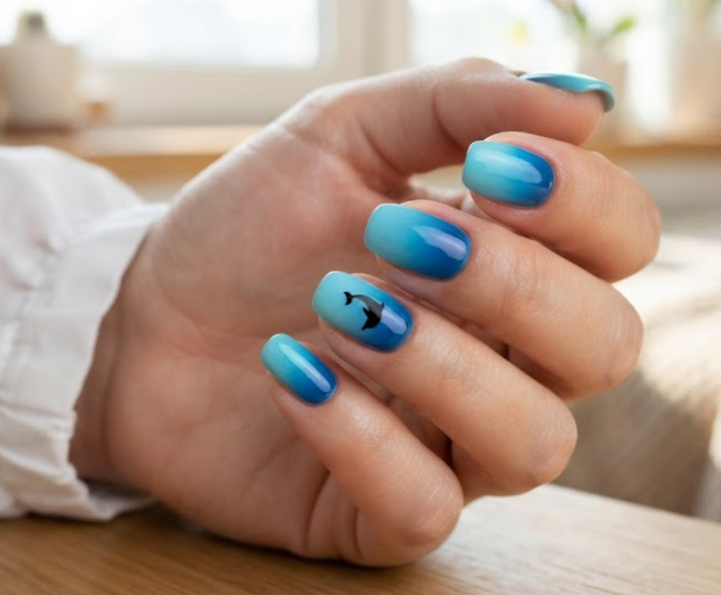 In this image, a close-up of short ballerina animal nails featuring ocean blue gradients and jumping dolphin silhouettes, paired with a white shirt.