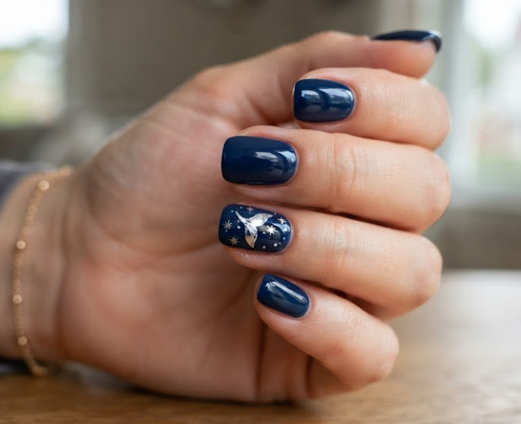 In this image, a close-up of squoval animal nails with deep sea navy minimalist whale tail sparkle art, worn with a charcoal grey shirt.