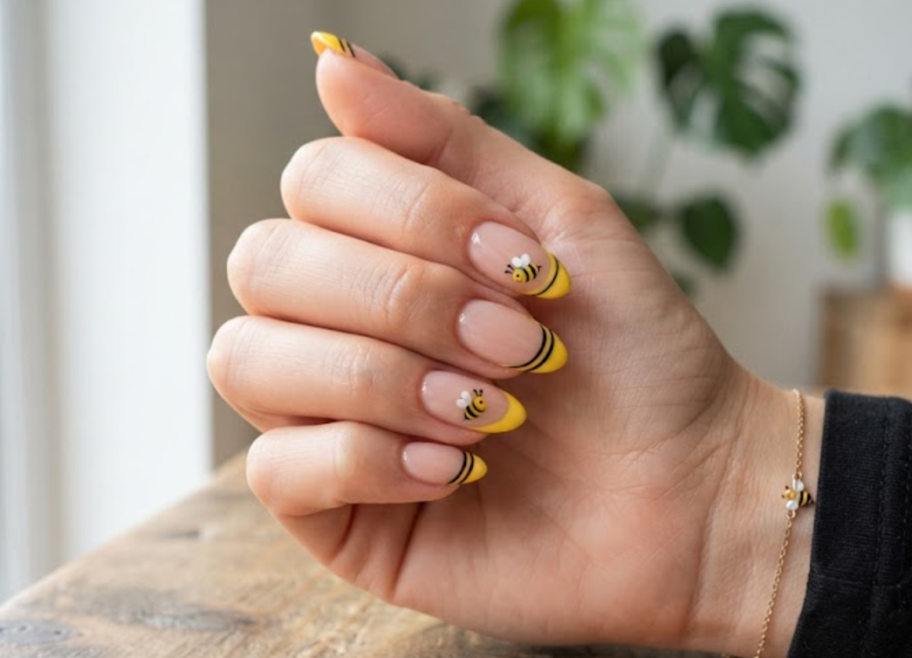 In this image, a close-up of almond nails showing classic yellow and black French tips with tiny bee art and a black shirt.