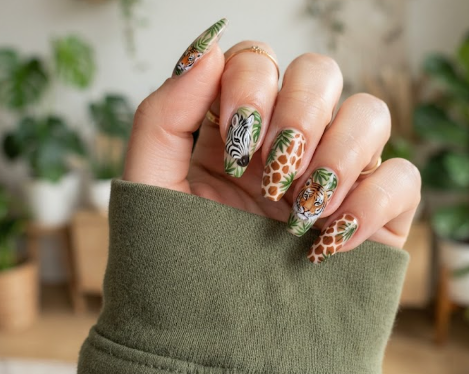 In this image, a close-up of coffin nails displaying mixed jungle safari animal prints and leaves and an olive green shirt.