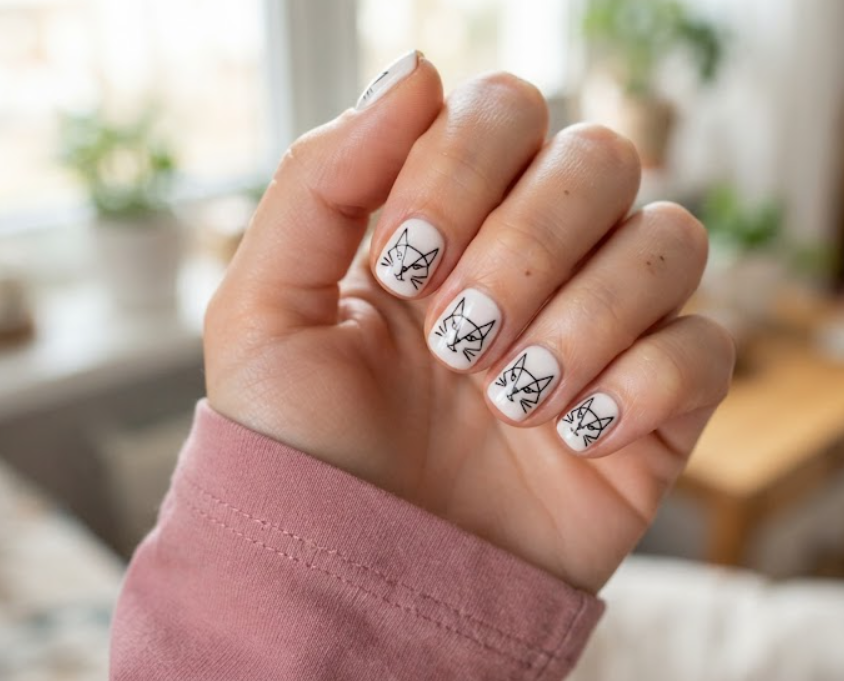 In this image, a close-up of short rounded-square nails with black minimalist geometric line cat faces and a dusty pink shirt.