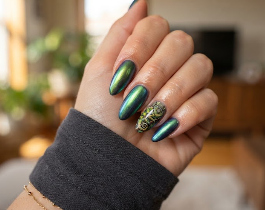 In this image, a close-up of almond nails featuring chameleon skin color-shifting chrome bases and a charcoal grey shirt.