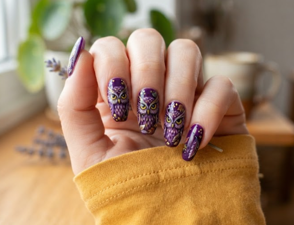 In this image, a close-up of coffin nails showing deep purple detailed owl feather and eye designs and a mustard shirt.