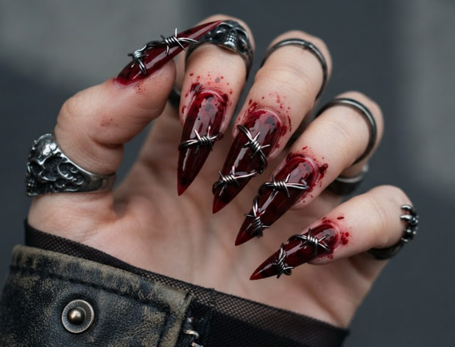In this photo, silver barbed wire wraps around blood red nails to create a bold gothic-inspired look.