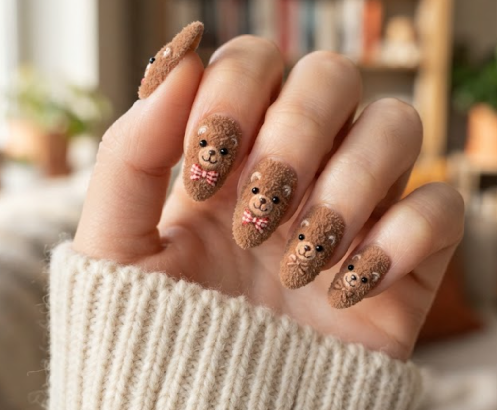 iIn this image, a close-up of almond animal nails featuring a cozy fluffy brown teddy bear texture and cute bows, worn with a cream sweater.