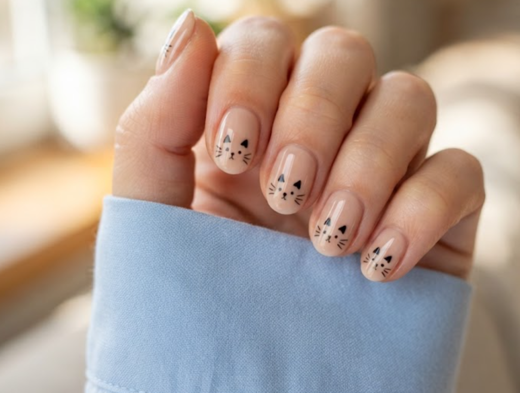 In this image, a close-up of short oval animal nails with a clean nude base and sassy black kitty eye and whisker art, paired with a baby blue shirt.