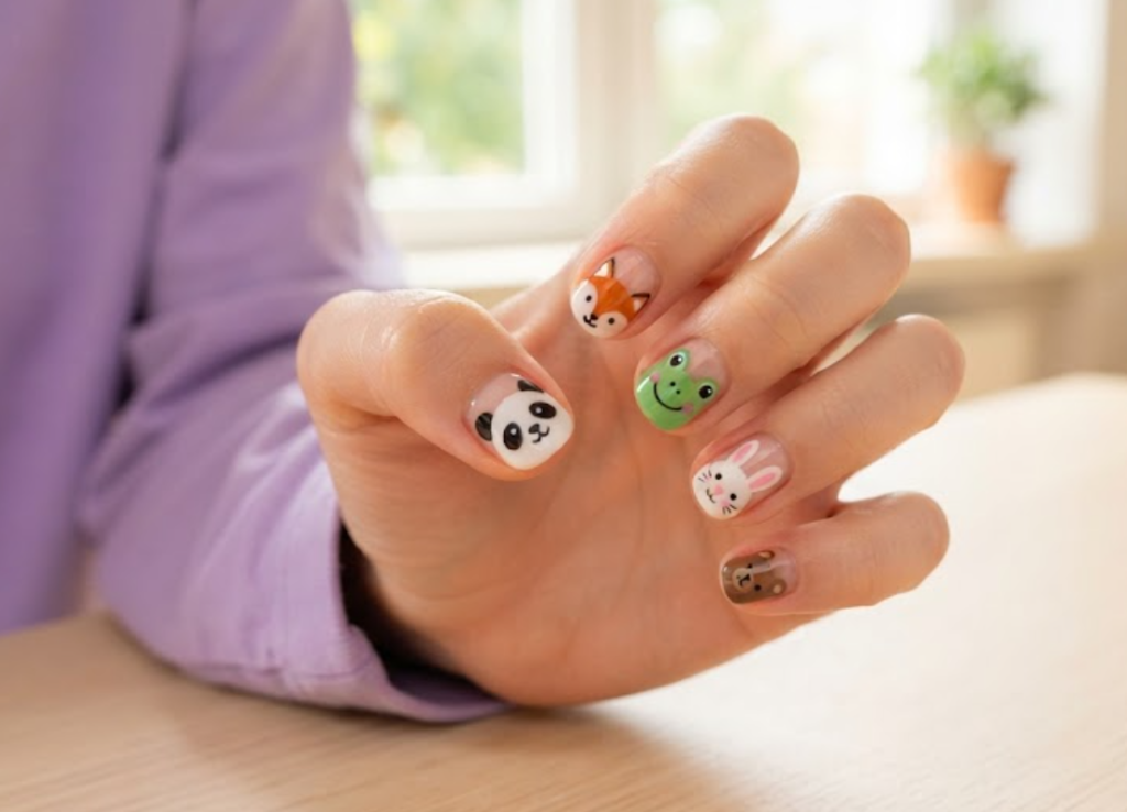 In this image, a close-up of short rounded-square animal nails featuring a fun multi-animal zoo party cute face mix, paired with a lavender shirt.