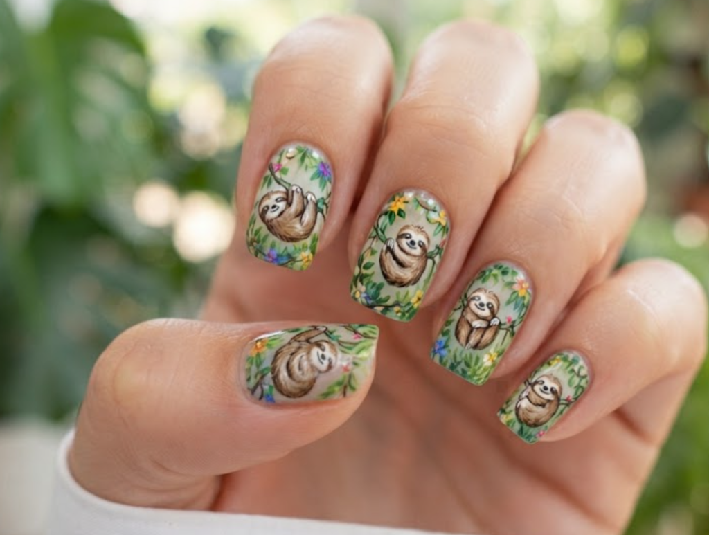 In this image, a close-up of squoval animal nails showcasing tropical vine sloth designs for a slow vibe, with a white shirt visible.