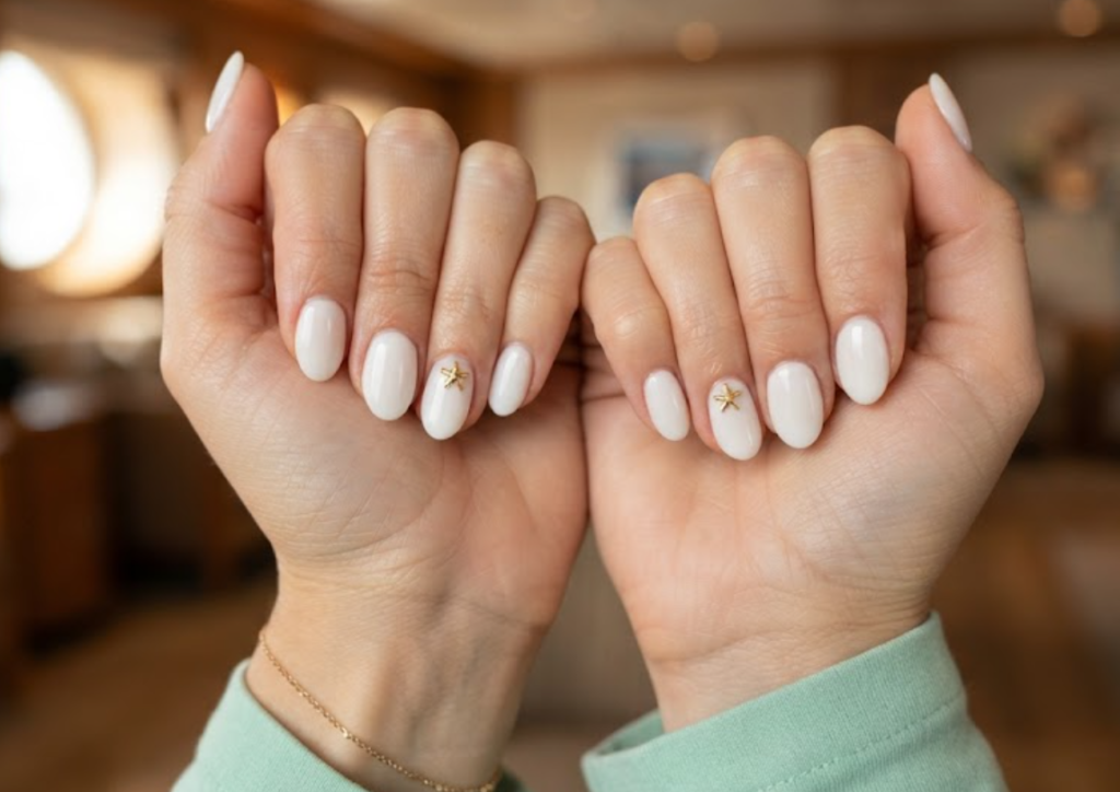 In this image, cruise wedding nails showcase short oval milky white nails with 3D gold starfish charms, worn by hands in a mint shirt.