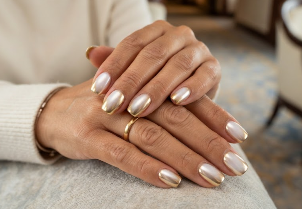 In this image, cruise wedding nails feature short squoval reflective gold chrome nails with a milky glaze, worn by hands in a cream sweater.