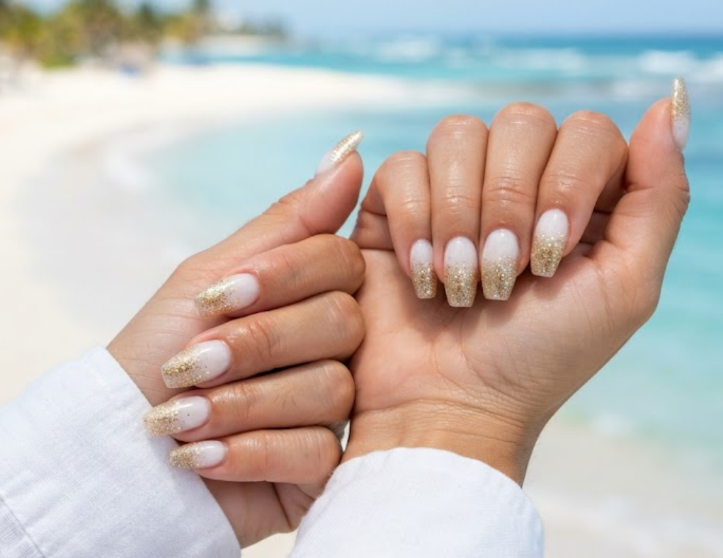 In this image, cruise wedding nails feature short coffin sheer milky jelly nails with gold glitter tips, worn by hands in a white linen shirt.