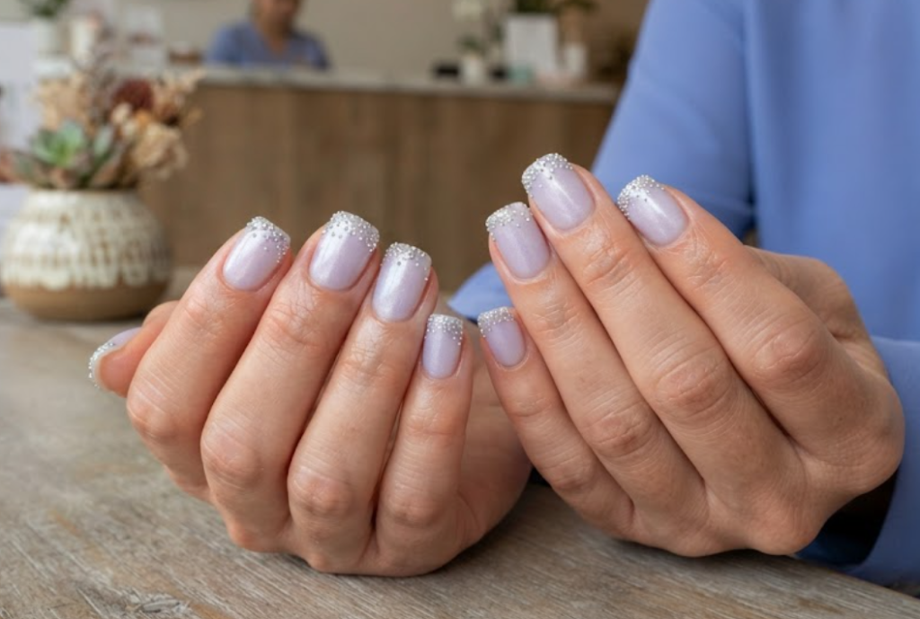 In this image, cruise wedding nails feature short squoval lavender pearl-dust nails with silver micro-beads, worn by hands in a periwinkle blouse.