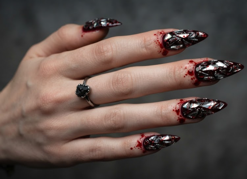 In this photo, shattered glass effects mixed with blood red details create a dramatic and eye-catching nail design.