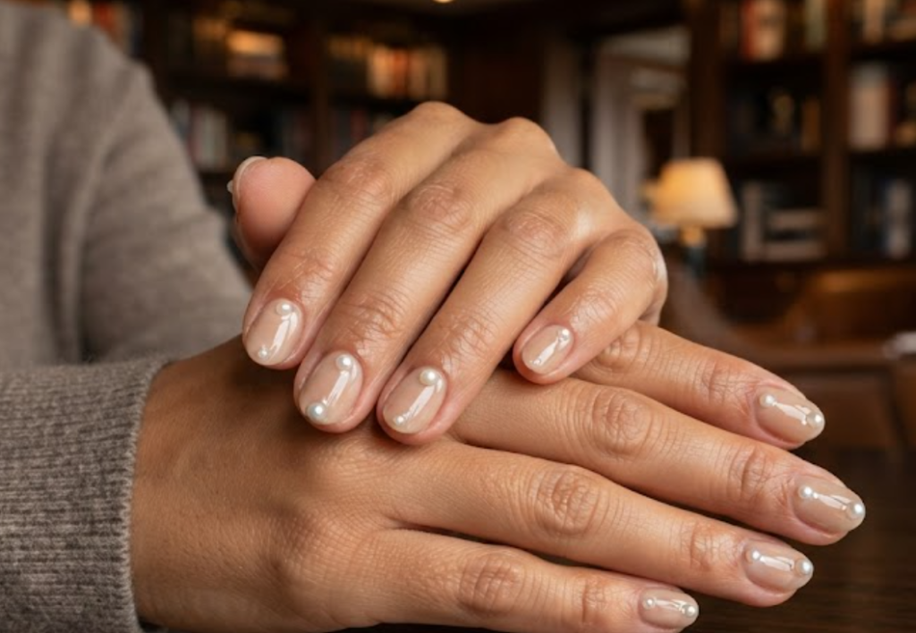 In this image, cruise wedding nails show short round sheer beige-nude nails with dew-drop pearl accents, worn by hands in a taupe sweater.