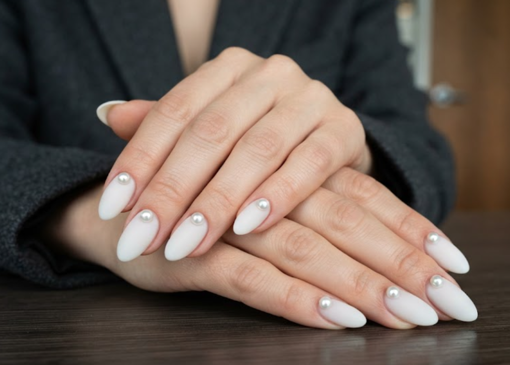 In this image, cruise wedding nails feature short almond matte milky nails with round pearl studs, worn by hands in a charcoal blazer.