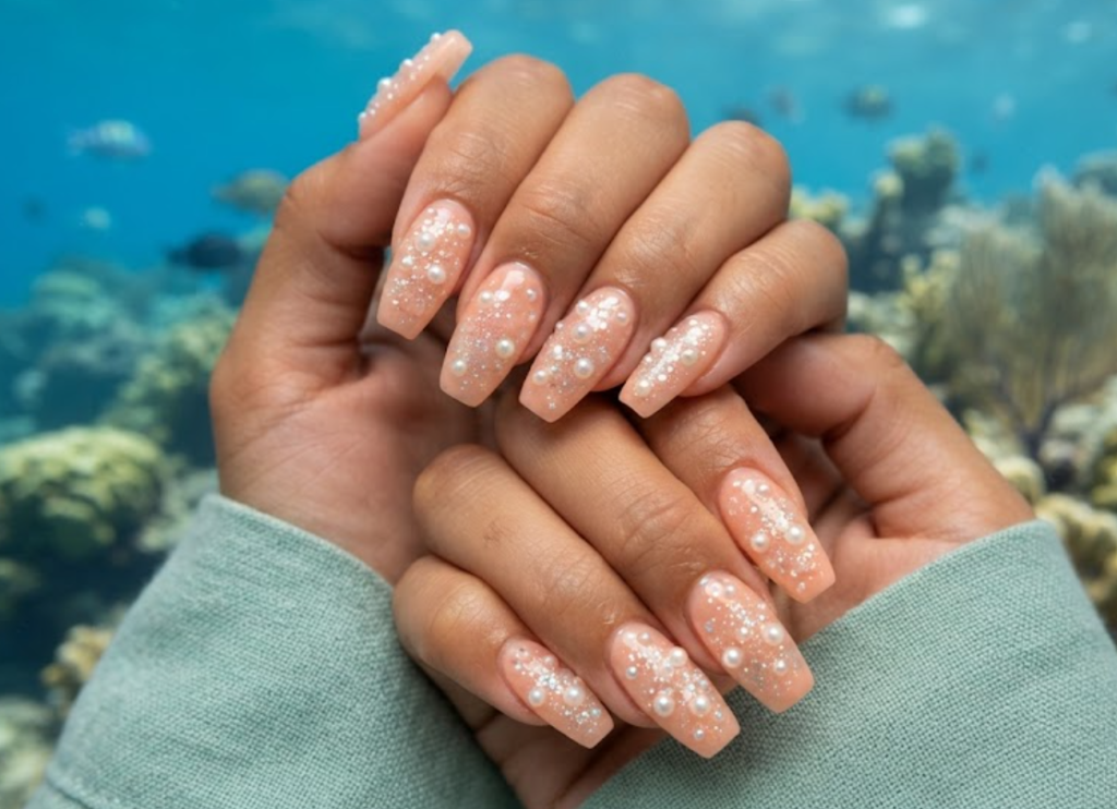 In this image, cruise wedding nails display short ballerina peach nails with pearls and iridescent bubbles, worn by hands in a seafoam tunic.