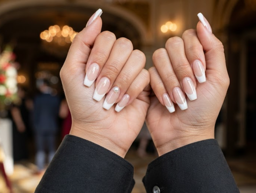 In this image, cruise wedding nails highlight short coffin French tips with a single corner pearl, worn by hands in a black tuxedo cuff.