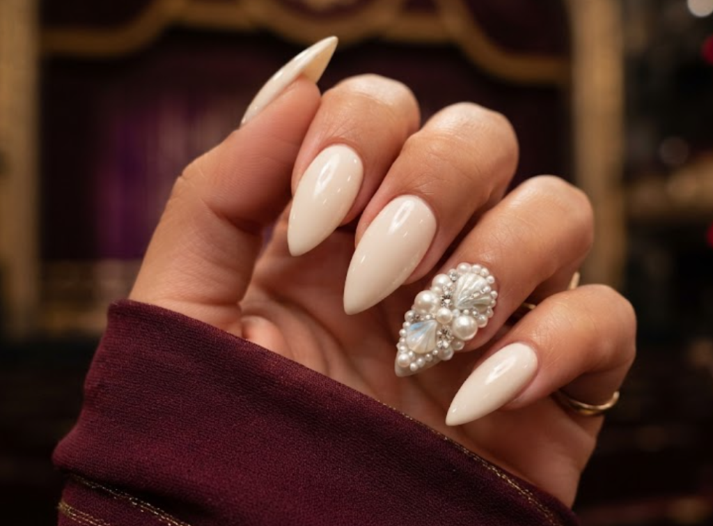 In this image, cruise wedding nails showcase short stiletto glossy ivory nails with a pearl and crystal cluster, worn by hands in a burgundy gown.