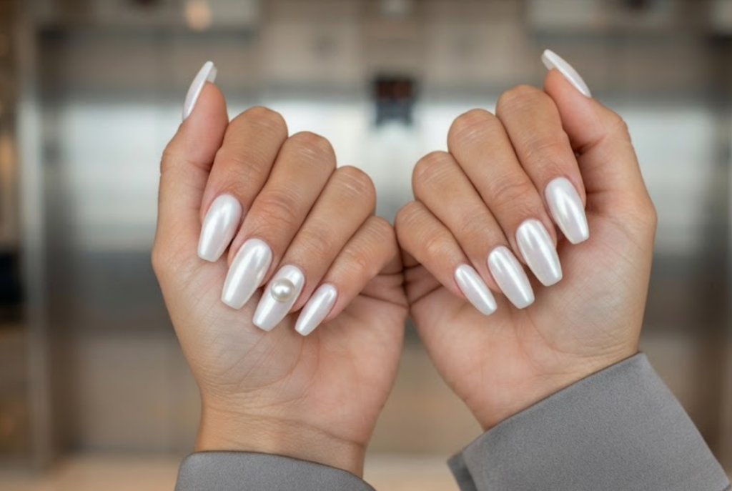 In this image, cruise wedding nails display short coffin pearl chrome white nails with a center pearl, worn by hands in a silver grey shirt.