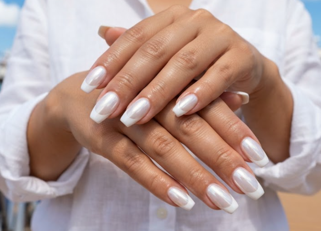 In this image, cruise wedding nails feature short coffin glazed donut French tips with icy shine, worn by hands in a white shirt.