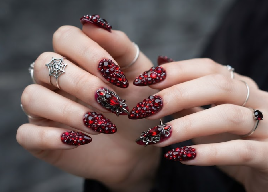 In this photo, blood red crystals and sparkling gemstones give these nails a luxurious gothic finish.