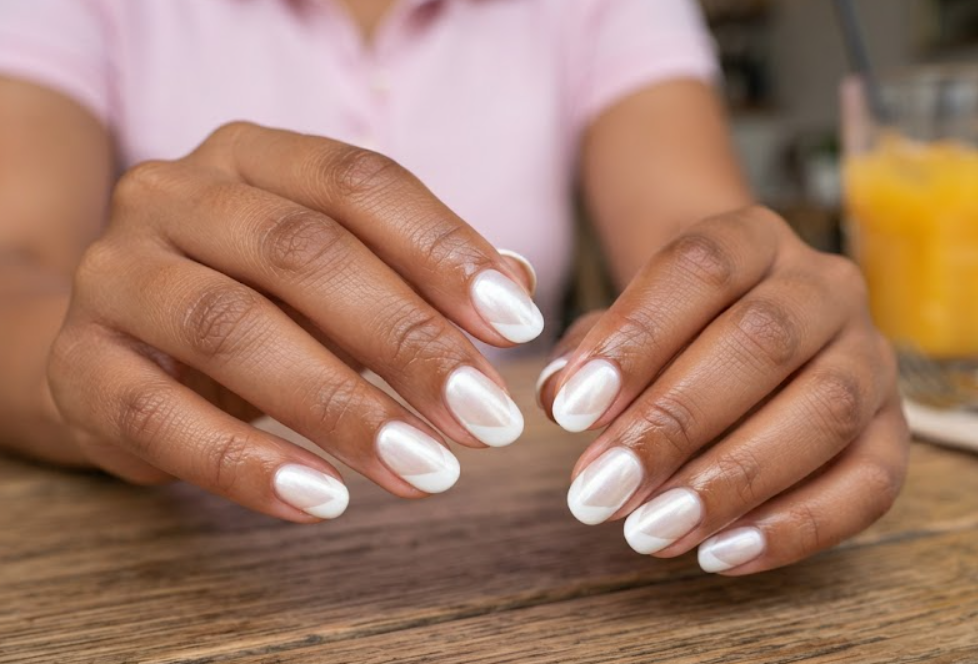 In this image, cruise wedding nails feature short round side-swept diagonal white French tips, worn by hands in a pink polo.