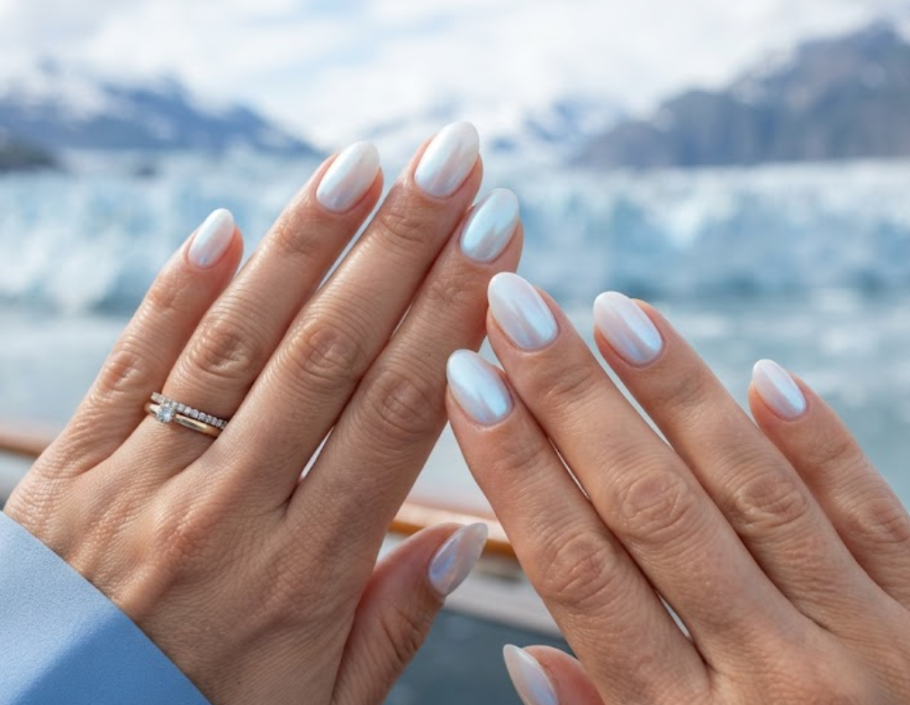 In this image, cruise wedding nails display short oval milky white nails with an ice-blue aura chrome finish, worn by hands in an ice blue blouse.