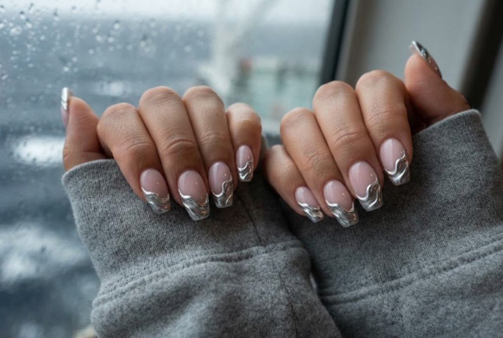 In this image, cruise wedding nails feature short coffin pink nails with silver wave-sculpted tips, worn by hands in a grey hoodie.