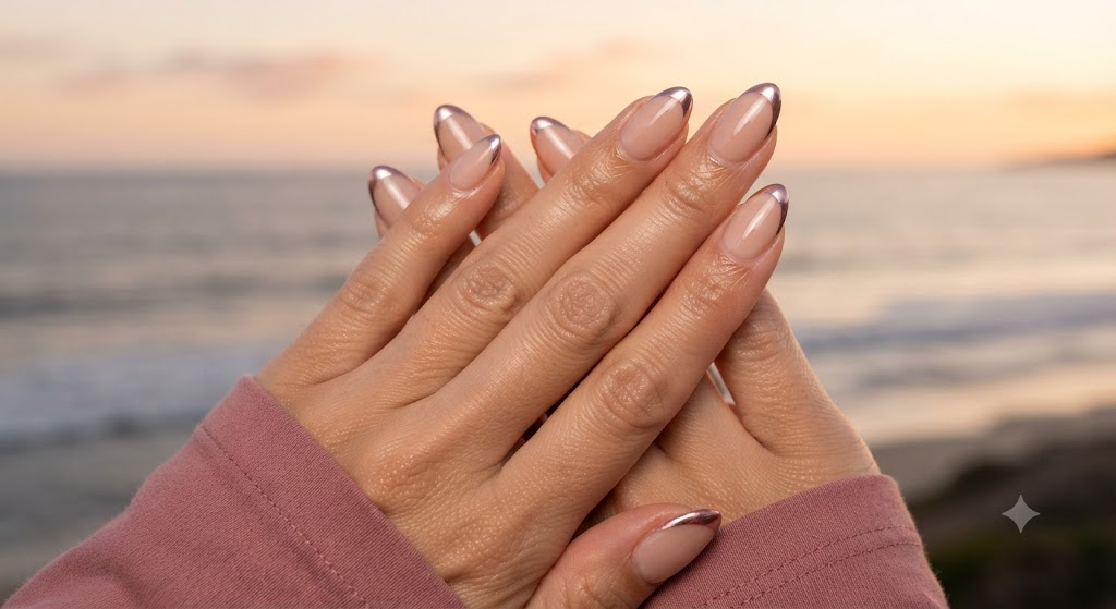In this image, cruise wedding nails display short almond micro-French tips in metallic rose gold chrome, worn by hands in a dusty rose shirt.