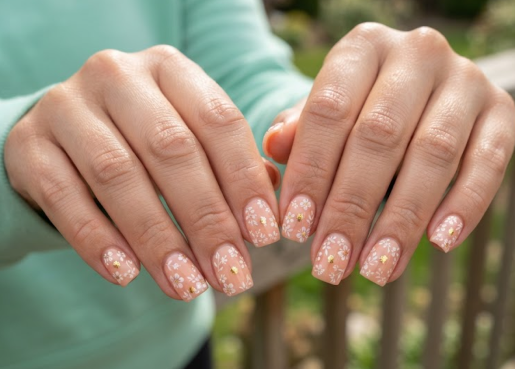 In this image, cruise wedding nails show short square peach nails with white stamped florals and gold centers, worn by hands in a mint top.